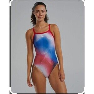 TYR Women's Durafast Elite Red/white/blue Unwaver Diamondfit Swimsuit Sz 32 New